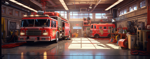 Firetruck ready inside a fire station bay