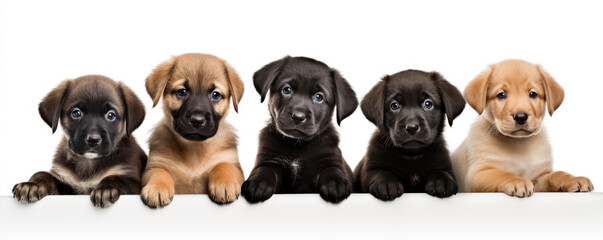 Puppies with blank signs hiding their faces on white background.