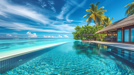 Villa with infinite Pool front of the beach. Luxury beach resort with palm trees