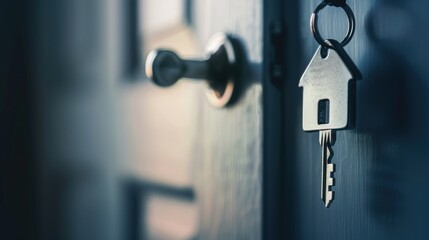 wooden door keyhole, key with house key chain,