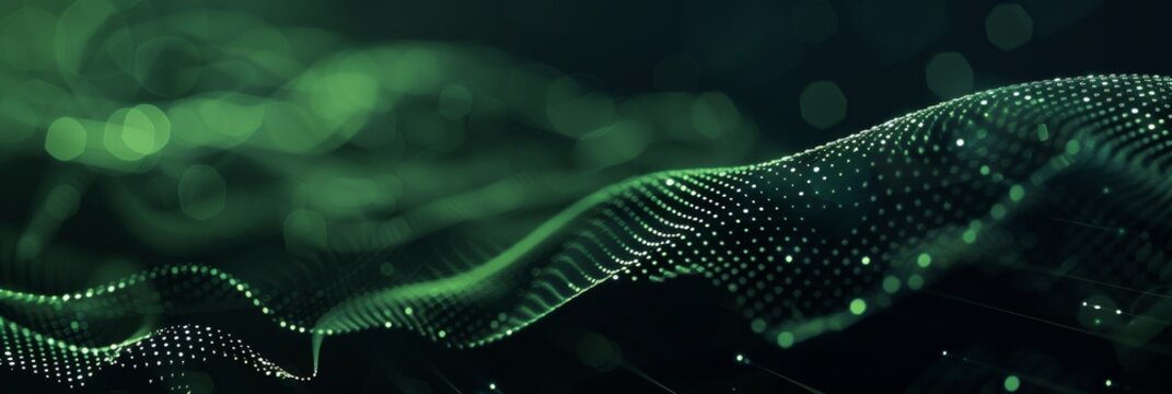 Dark background with intricate green tech web patterns and subtle white particles, providing a clean look with free space