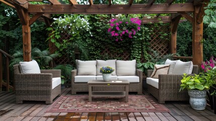 Fototapeta premium A patio with a wooden gazebo and a large rug