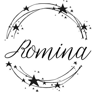 Romina - nome proprio scritto tra cerchi e stelle, logo rotondo, grafica vettoriale per feste e periodo natalizio, banner, cartoline, felpa, stampe, cricut, silhouette, sublimazione