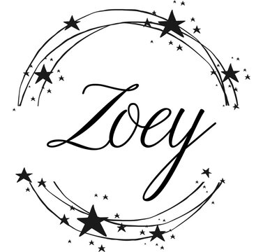 Zoey - nome proprio scritto tra cerchi e stelle, logo rotondo, grafica vettoriale per feste e periodo natalizio, banner, cartoline, felpa, stampe, cricut, silhouette, sublimazione
