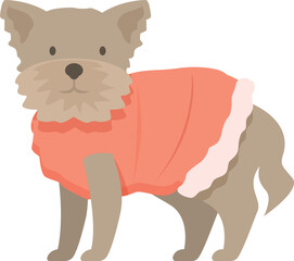 Small dog with brown fur wearing a pink dress, isolated on a white background