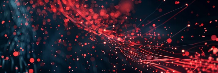 Dark background featuring intricate patterns of neon red data particles and lines, providing a sleek tech design