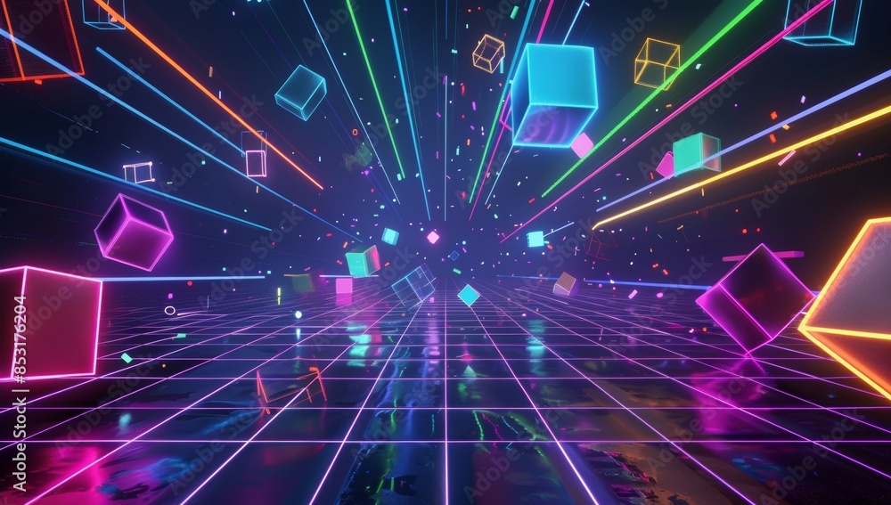 Poster a dark background with neon grid lines and floating geometric shapes, creating an immersive virtual 