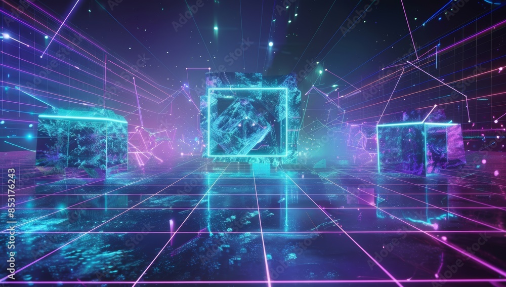 Poster a dark background with neon grid lines and floating geometric shapes, creating an immersive virtual 
