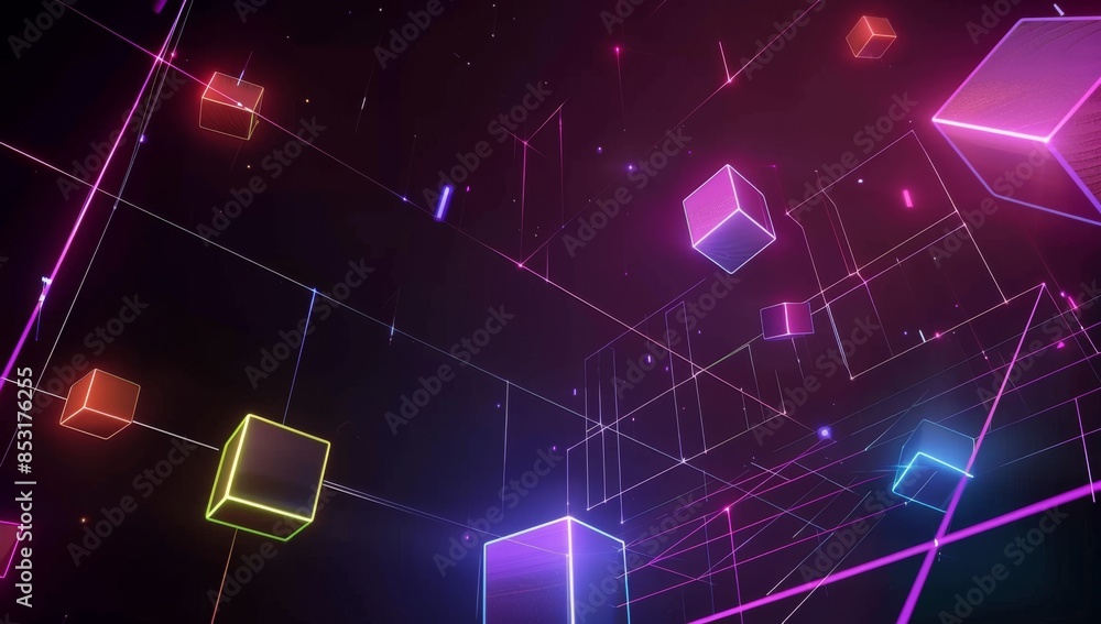 Poster a dark background with neon grid lines and floating geometric shapes, creating an immersive virtual 