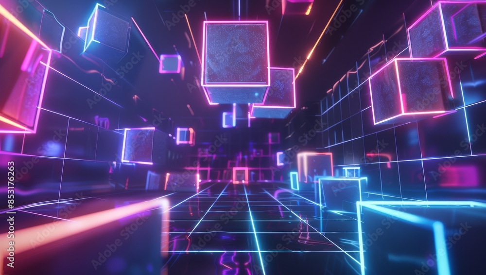 Poster a dark background with neon grid lines and floating geometric shapes, creating an immersive virtual 