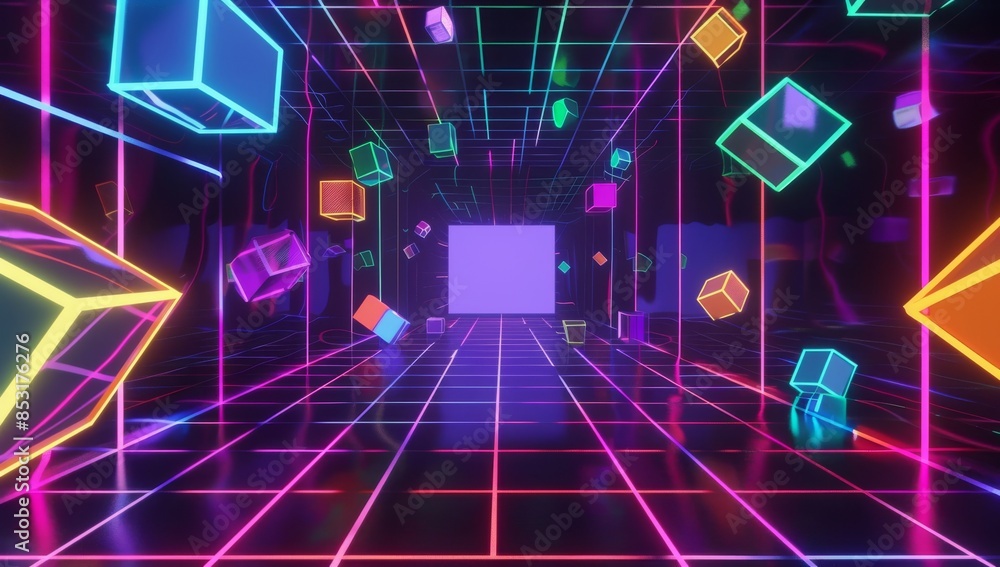 Poster a dark background with neon grid lines and floating geometric shapes, creating an immersive virtual 