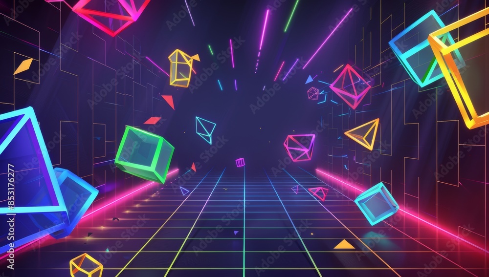 Poster a dark background with neon grid lines and floating geometric shapes, creating an immersive virtual 