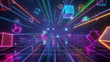 A dark background with neon grid lines and floating geometric shapes, creating an immersive virtual space for a VR video game interface.