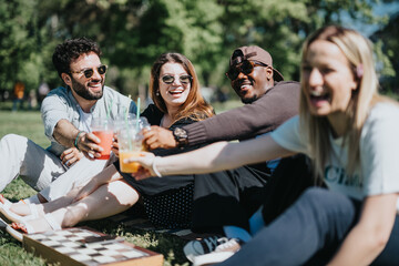 A vibrant group of friends laughing and sipping juices in a sunny, urban park setting, embodying...