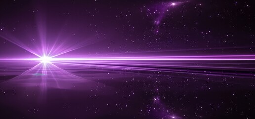 Fototapeta premium A purple light beam shines down from the top left corner of an empty black background, with a horizontal line at its center and glowing stars around it