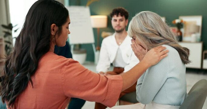 Therapy, support group and comfort woman for crying or fear, depression or divorce stress. Counseling, psychology and people in solidarity for healing, acceptance and empathy, grief or community