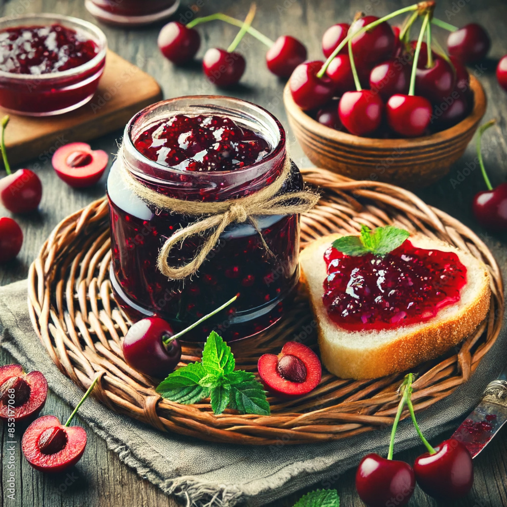 Poster On a wicker stand there is a jar of cherry jam and a slice of bread with jam. There are fresh cherries lying around. Home canning. Food . Photo of food