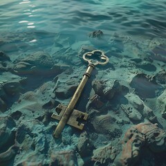 3D cartoon key at the bottom of the sea.