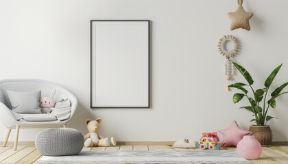 Children's room with chair and soft toys, mockup on wall