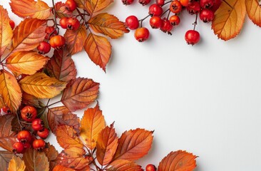 Autumn Leaves and Berries Frame on White Background