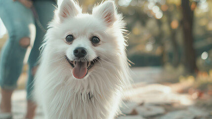 Joyful White Pomeranian with Tongue Out Enjoying the Park