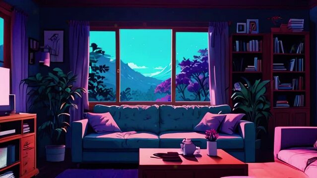 virtual backgrounds stream cozy lo-fi living room. 4k, loop, vtuber asset twitch zoom OBS screen, anime chill aesthetic. Cyan purple colours manga anime style
