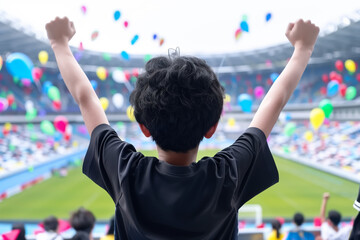 A child with curly hair is seen from behind, raising arms in celebration at a vibrant stadium filled with colorful balloons and cheering spectators, capturing the joy of a lively event.