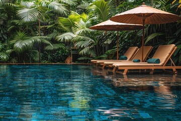 Fototapeta premium Tropical Poolside Relaxation With Palm Trees and Umbrellas