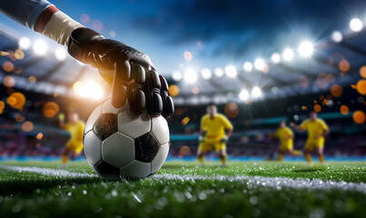 A dynamic close-up shot of a goalkeeper's gloved hand holding a soccer ball on a well-lit stadium field. The background features blurred players in yellow uniforms, motion and anticipation.