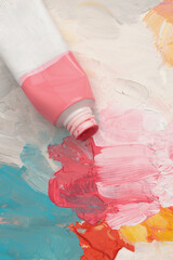 Acrylic, watercolor, oil paints in tubes, brushstroke brushstroke blot on pastel paper palette...
