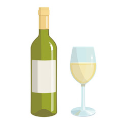 Vector set of white wine, isolated illustration of glass and bottle, alcoholic drink in flat style, bar menu design