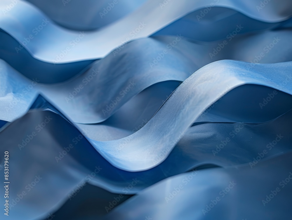 Poster closeup of blue paper waves, emphasizing the texture and depth in a minimalist setting