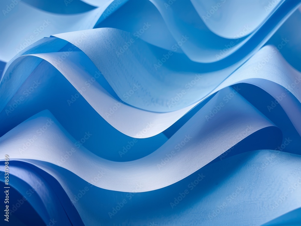 Aufkleber closeup of blue paper waves, emphasizing the texture and depth in a minimalist setting