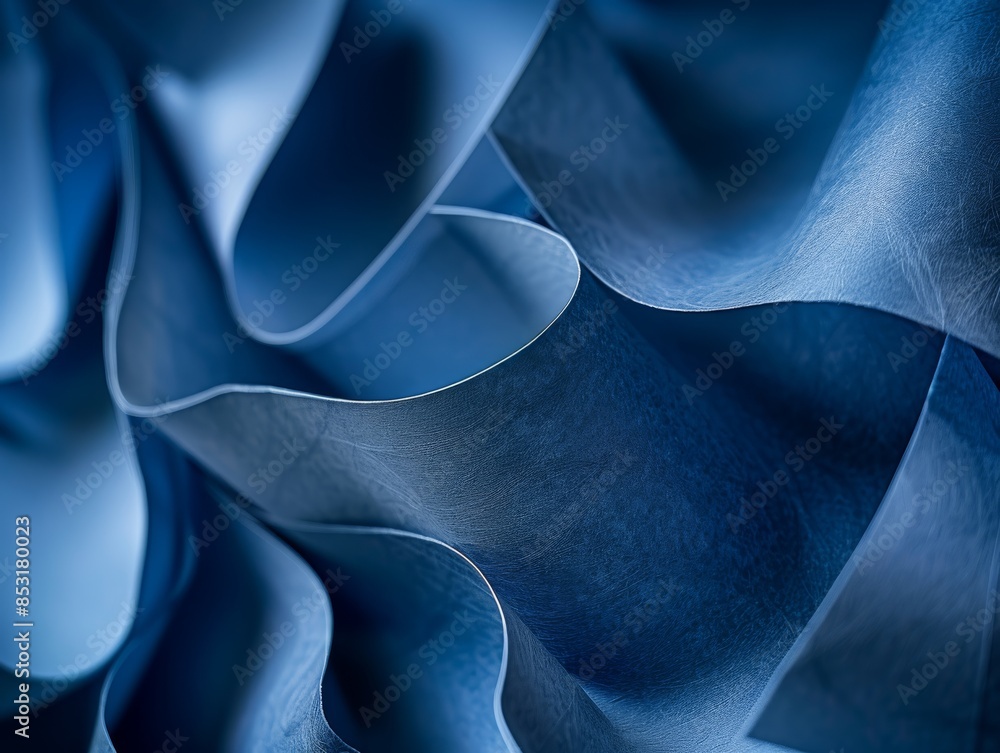 Poster closeup of blue paper waves, emphasizing the texture and depth in a minimalist setting