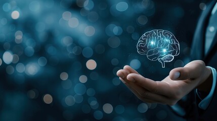 Businessman holding brain hologram, AI artificial intelligence with copy space technology background