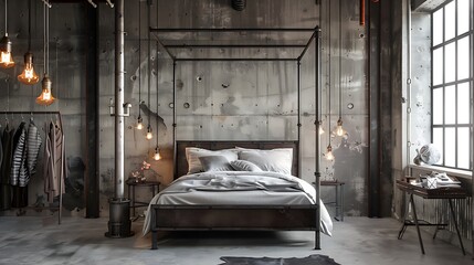 industrial bedroom with a steel-framed four-poster bed, a concrete accent wall, and vintage warehouse lighting