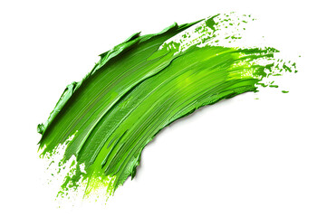 Cosmetic lipstick abstract stroke isolated on white background. Swatch, sampler of lipstic, tint or blusher. Cream makeup texture. Bright green color cosmetic product brush stroke swipe sample