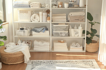 Storage of things, Spring cleaning of the wardrobe. Vertical organization of storage. Neatly folded items in the closet in wardrobe baskets.