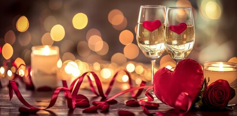 Fototapeta premium A red heartshaped decoration with ribbons and roses, next to two glasses of white wine on the table against a background with blurred hearts for Valentine's Day celebration