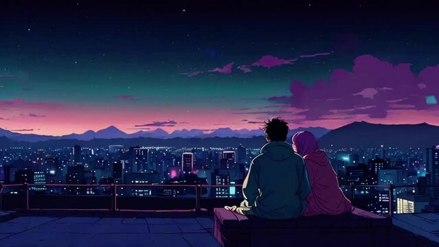 Lovely romantic couple chilling on rooftops, under the moon, with twinkling stars, falling stars, seamless 4K Lofi looping animation for Valentine's Day, Cyan purple colours manga anime style