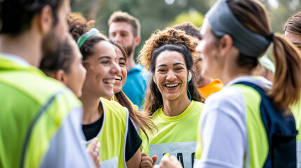 A vivid telephoto angle capture of friends supporting each other at a charity run, their dedication to the cause evident in their determined expressions, environmental scientists,