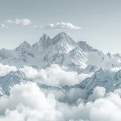 Obraz premium Snow-covered mountain peaks rise above a dense layer of clouds, creating a serene and majestic landscape under a pale blue sky with scattered white clouds.