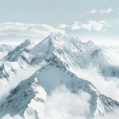 Obraz premium Snow-capped mountains reach towards the sky, covered in a blanket of white clouds. Jagged peaks rise dramatically, creating a majestic and serene winter landscape.