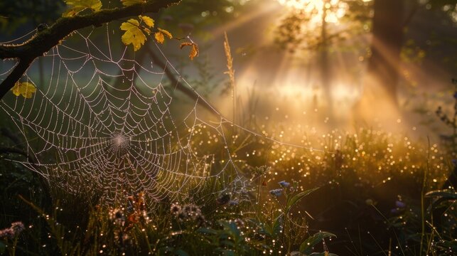 Morning sun rays illuminating a spider web in a dewy forest setting. Nature's beauty highlighted in serene woodland scene with delicate details.