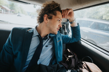 A young male businessperson seated in a car's backseat, appears deep in thought with a slight...