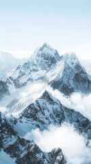 Obraz premium Majestic snow-covered mountain peaks rise above a sea of clouds, bathed in soft, natural light. The pristine landscape evokes a sense of serenity and grandeur.