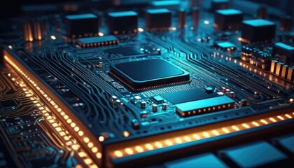 A futuristic microchip with glowing circuits, representing advanced technology and innovation in electronics