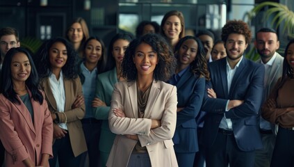 A diverse group of businesspeople stand together, smiling and looking confident in an office setting. business professionals stands confidently with arms crossed, showcasing collaboration and success