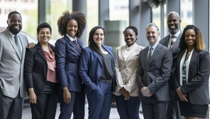 A diverse group of businesspeople stand together, smiling and looking confident in an office setting. business professionals stands confidently with arms crossed, showcasing collaboration and success