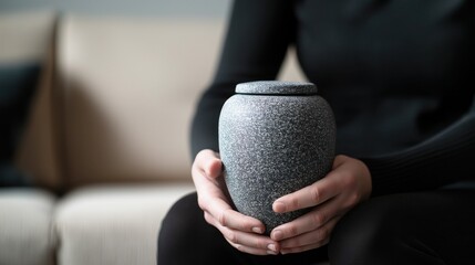 Widow sitting on a couch at home while holding a cremation urn containing her deceased husband's ashes. Women outliving men concept.
